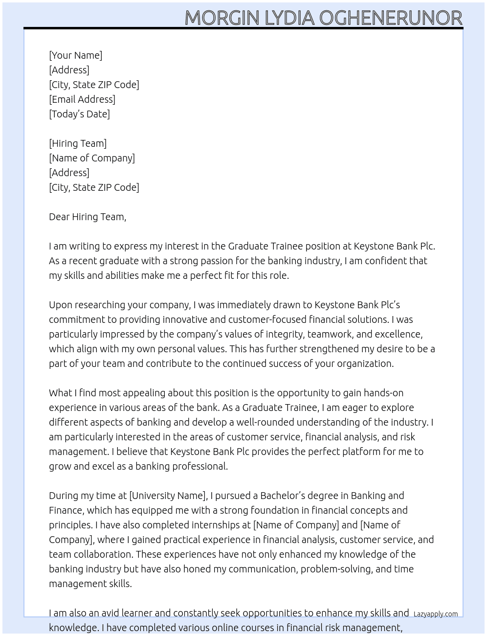 Graduate Trainee At Keystone Bank Plc  Cover Letter