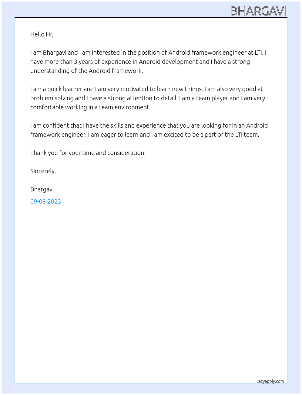 Android framework engineer At LTI Cover Letter