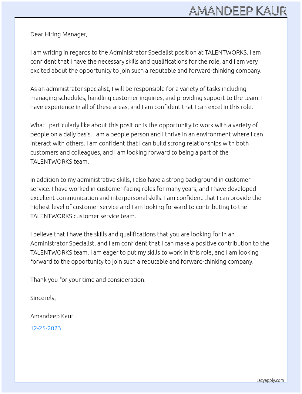 Administrator Specialist At TALENTWORKS Cover Letter