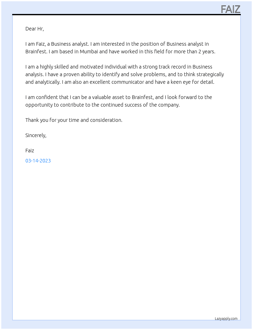 Business analyst At Brainfest Cover Letter