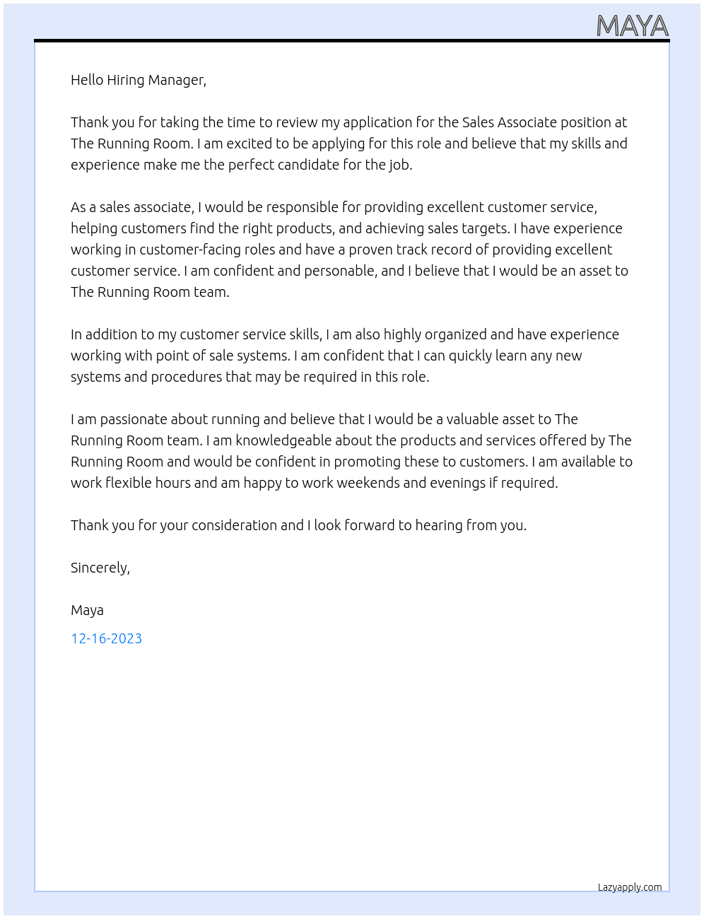 Sales Associate At The Running Room Cover Letter