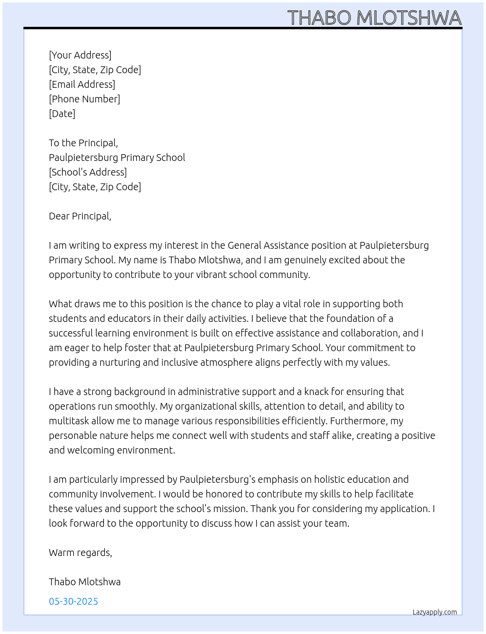 General assistance At Paulpietersburg Primary School  Cover Letter