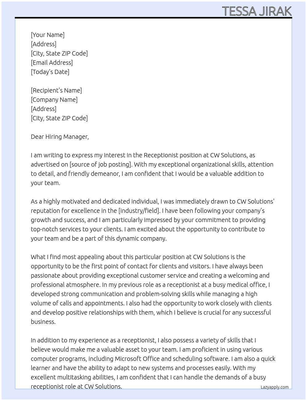 Receptionist At CW Solutions Cover Letter