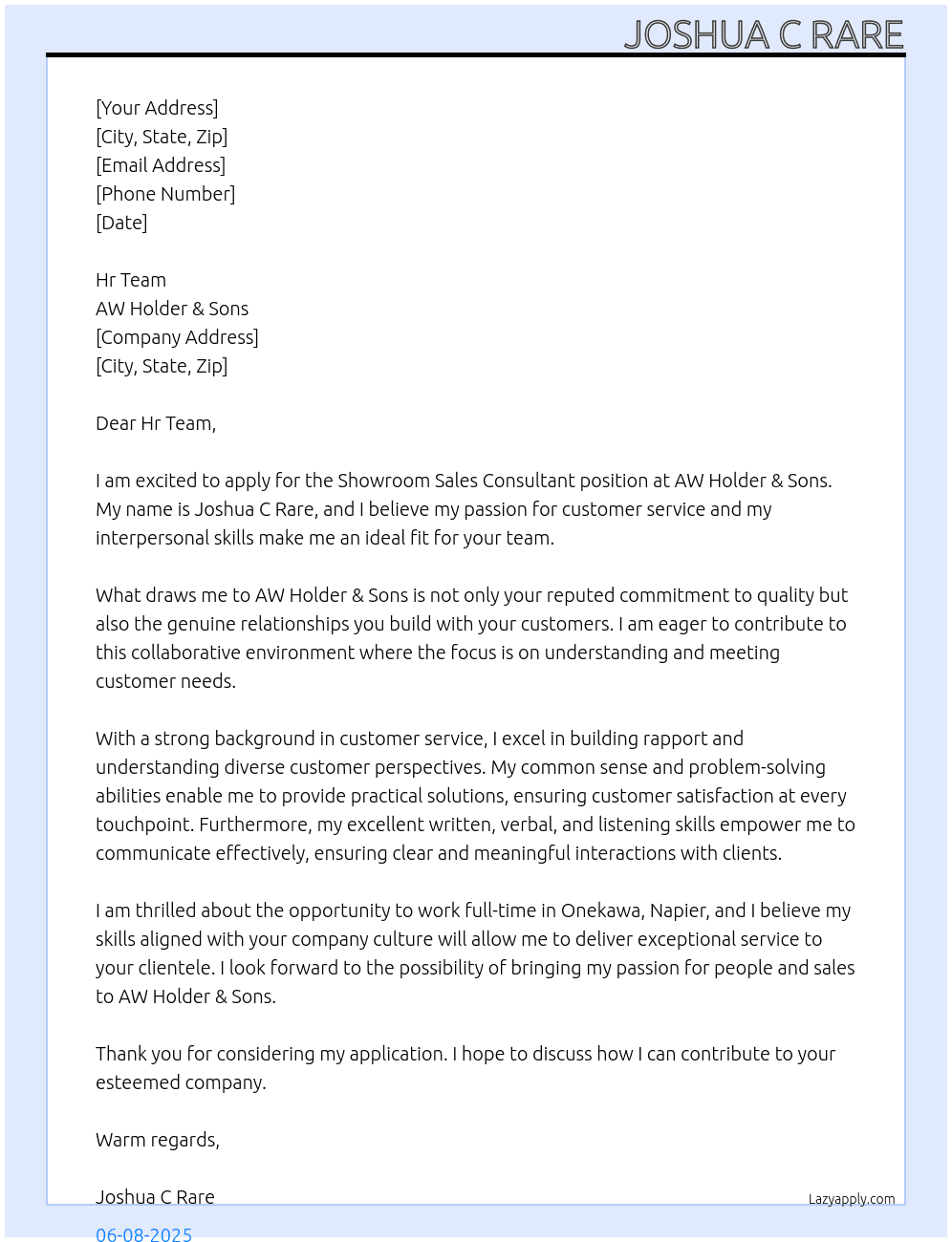 Showroom Sales Consultant  At AW Holder & Sons  Cover Letter