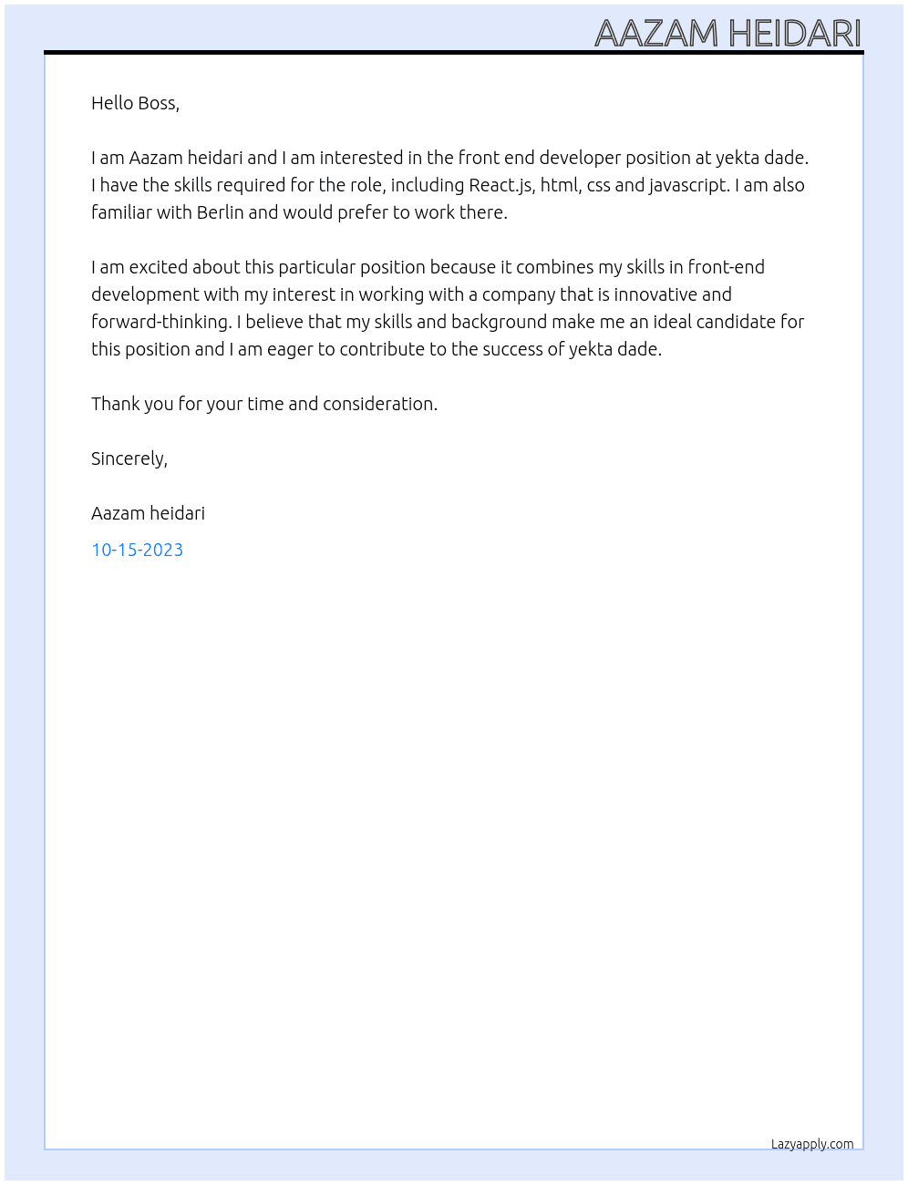 front end developer At yekta dade Cover Letter