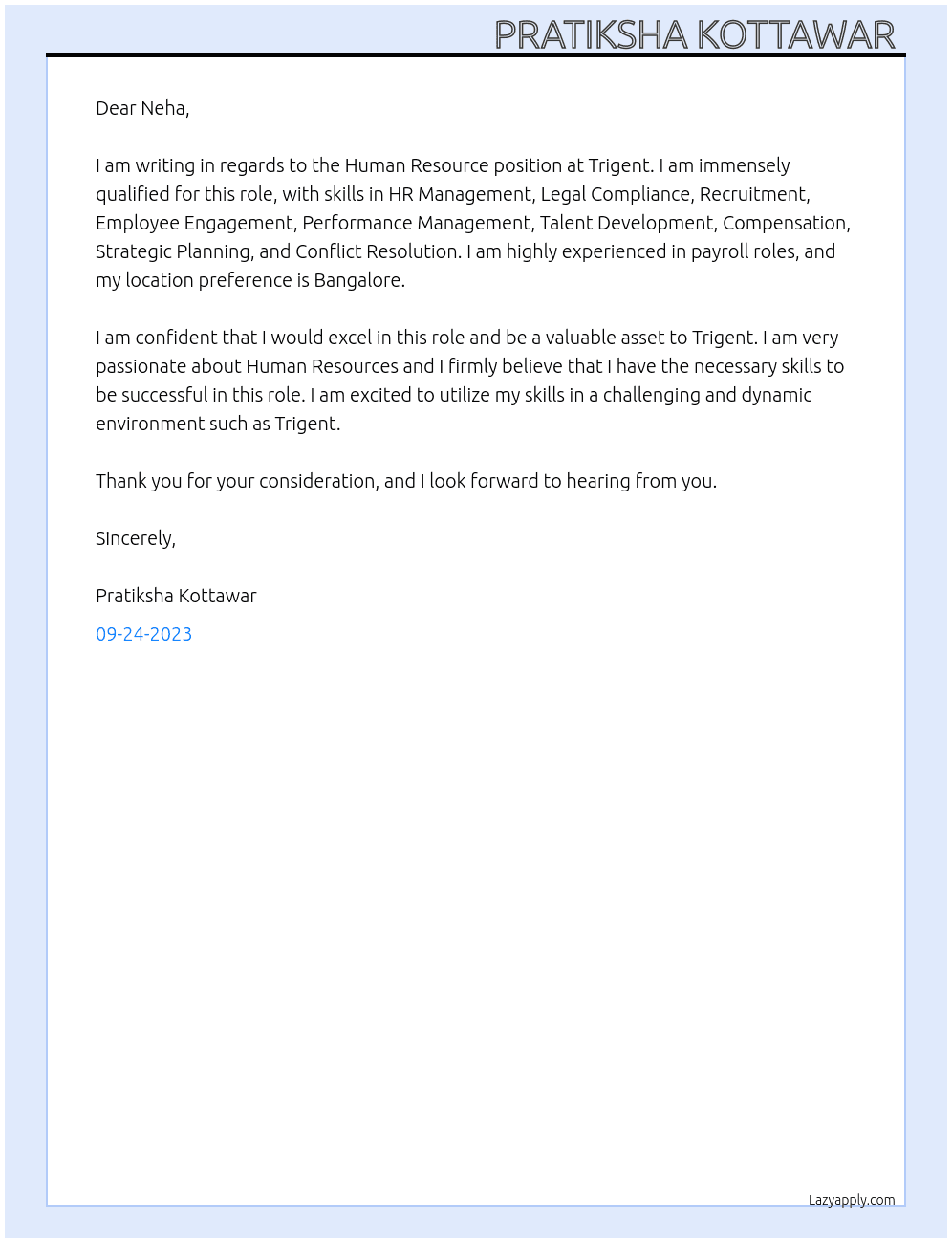 Human resource At Trigent Cover Letter