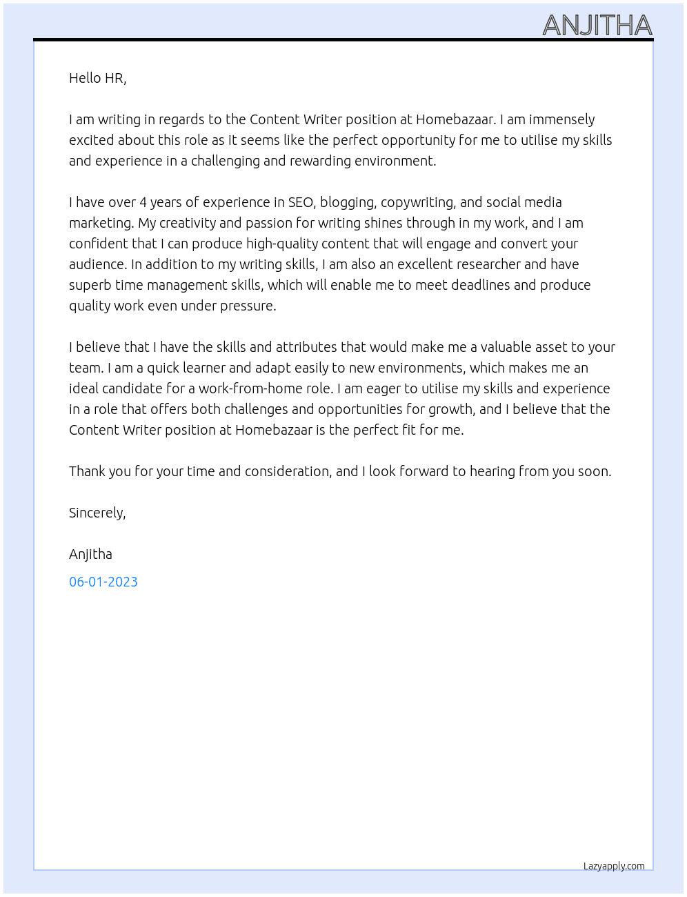 Content Writer At Homebazaar Cover Letter