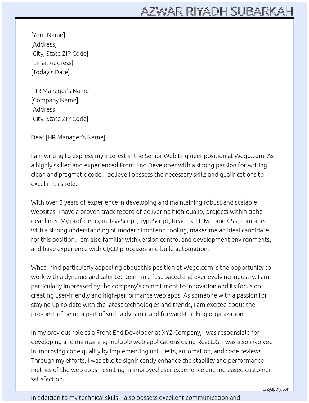 Senior Web Engineer At Wego.com Cover Letter