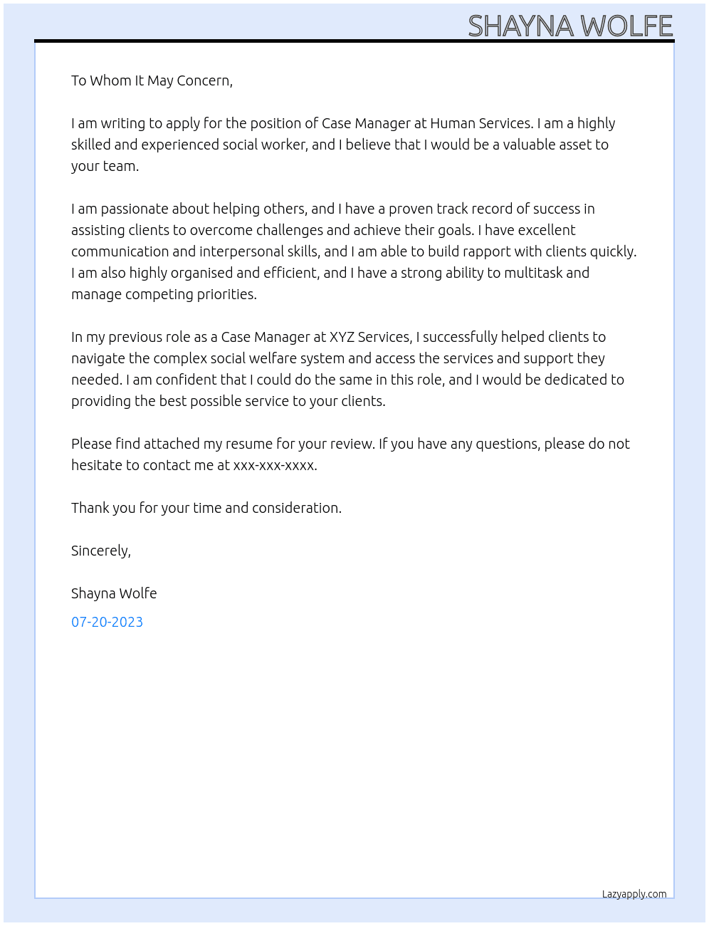 Case manager At Human services Cover Letter