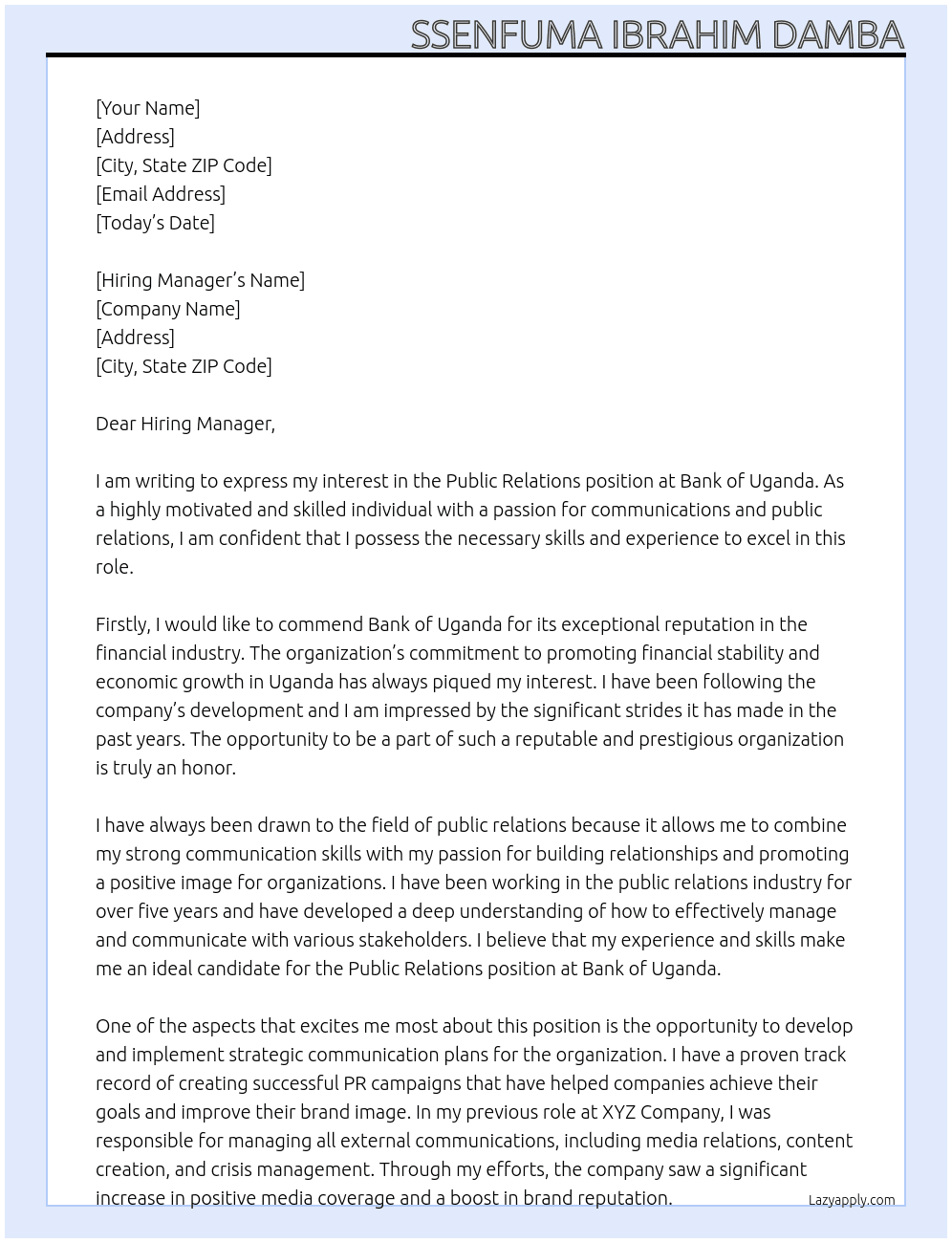 Public relations  At Bank of Uganda  Cover Letter