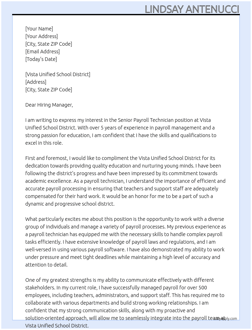 Senior Payroll Technician At Vista Unified School District Cover Letter