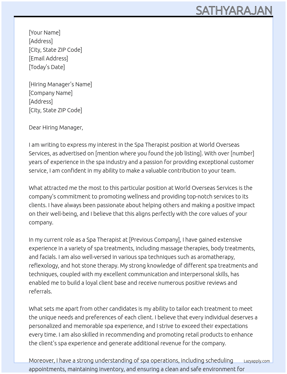 spa therapist At world overseas services Cover Letter