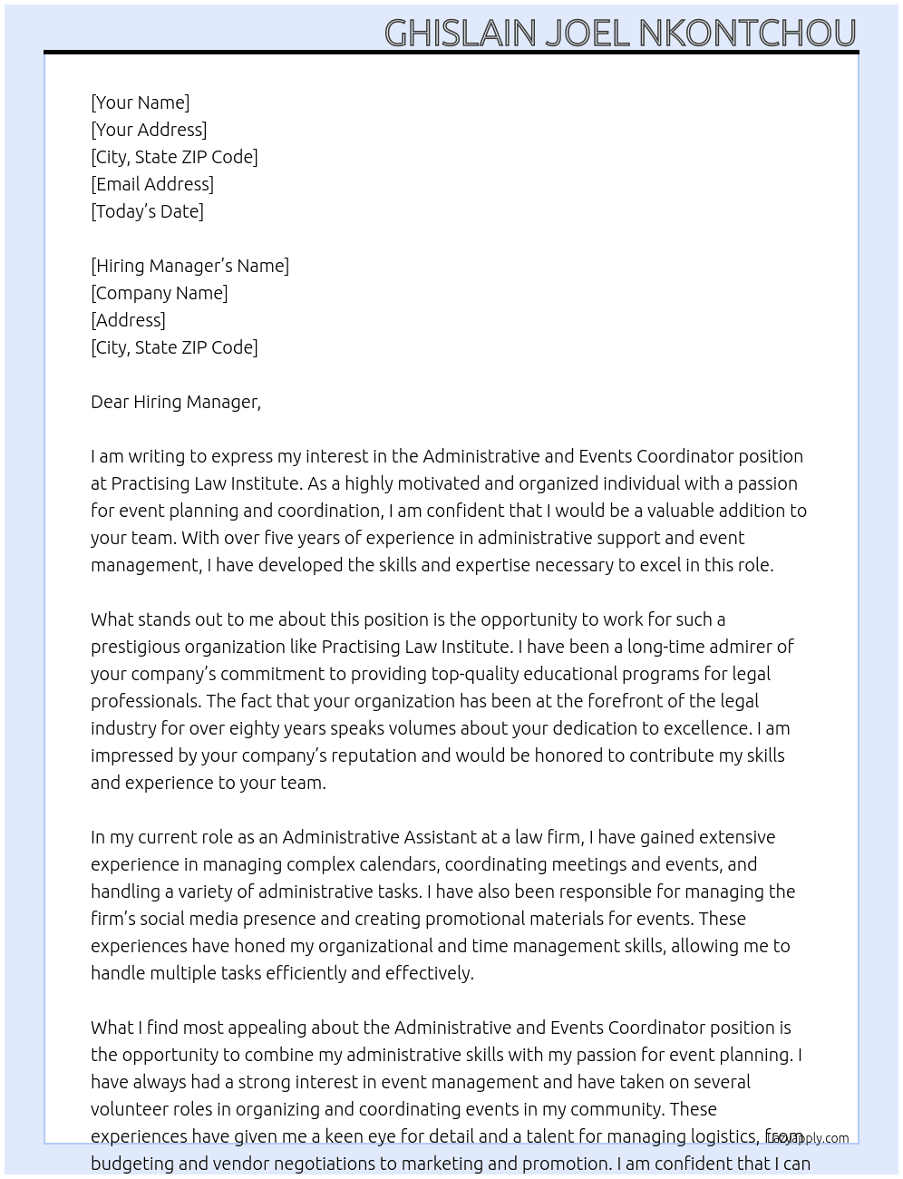 Administrative and Events Coordinator At Practising Law Institute Cover Letter