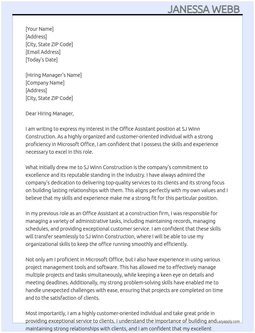 Office Assistant  At SJ Winn Construction  Cover Letter