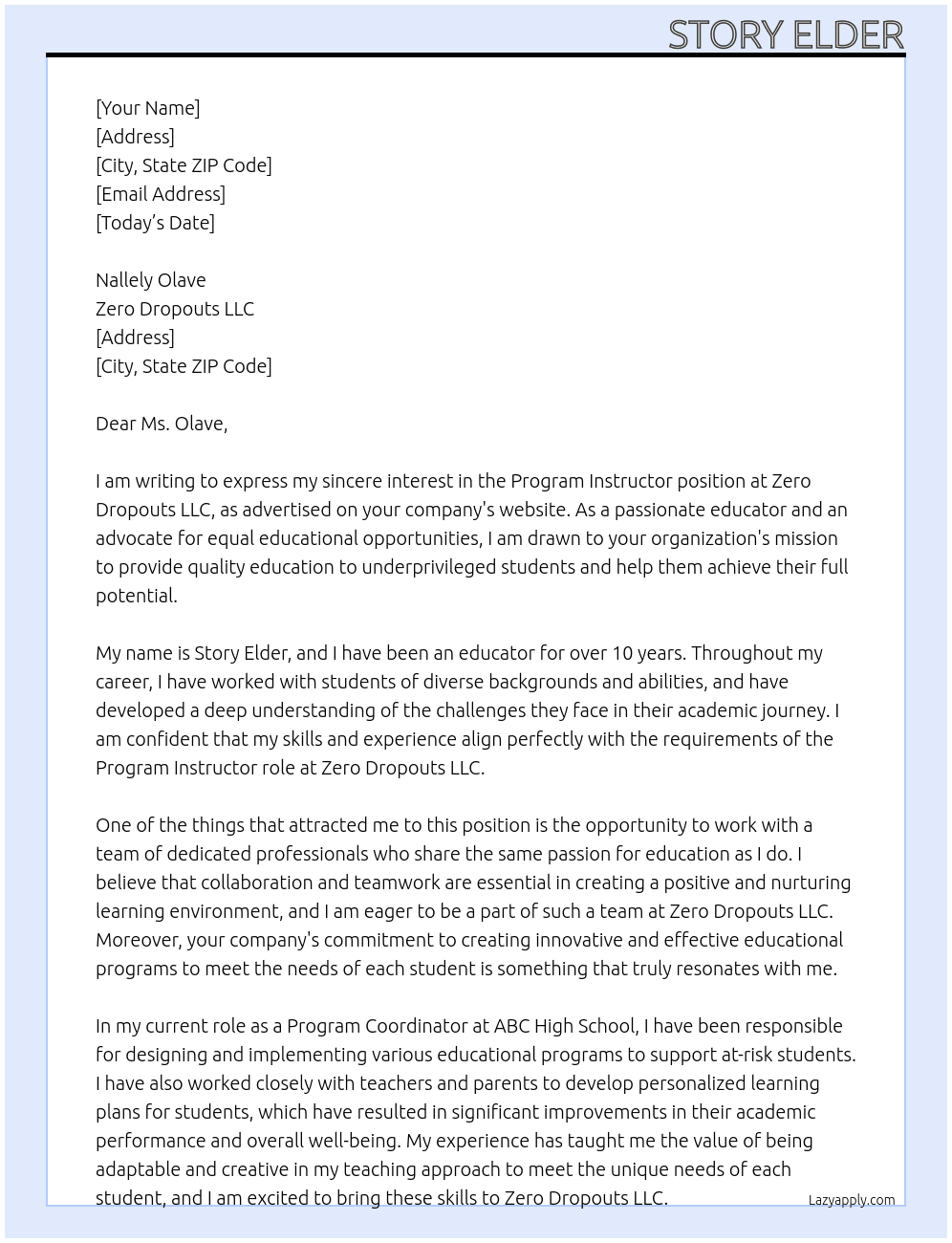 Program Instructor At Zero Dropouts LLC Cover Letter