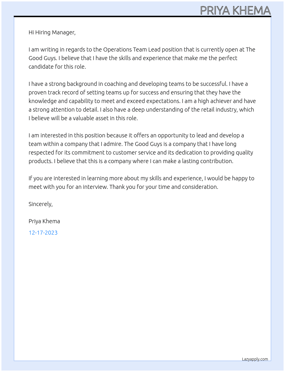Operations Team Lead At The Good Guys Cover Letter