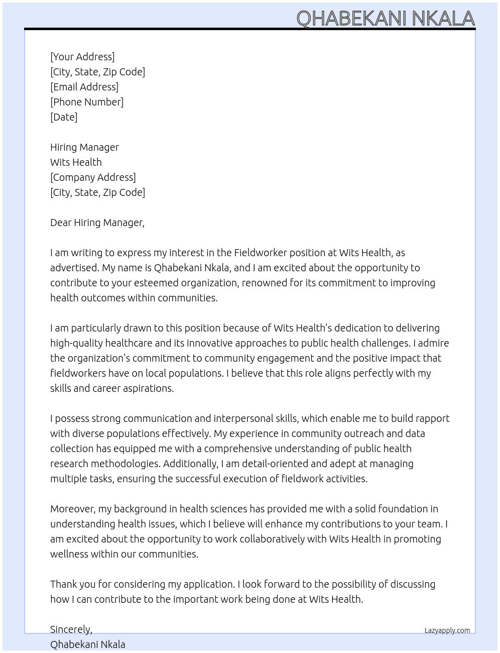 Cover letter for fieldworker - LazyApply