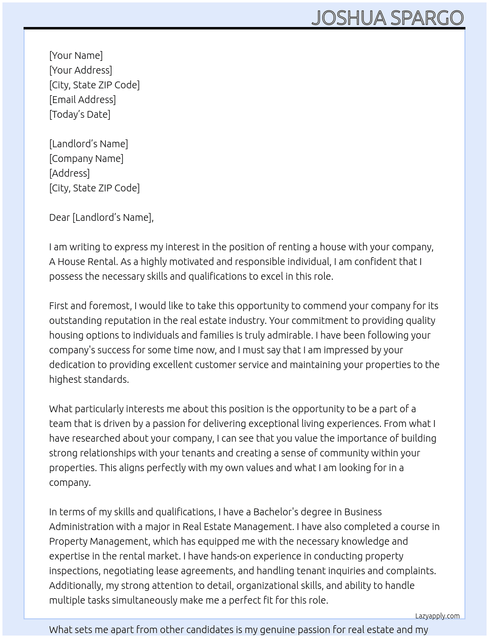 Renting a house At A house rental Cover Letter