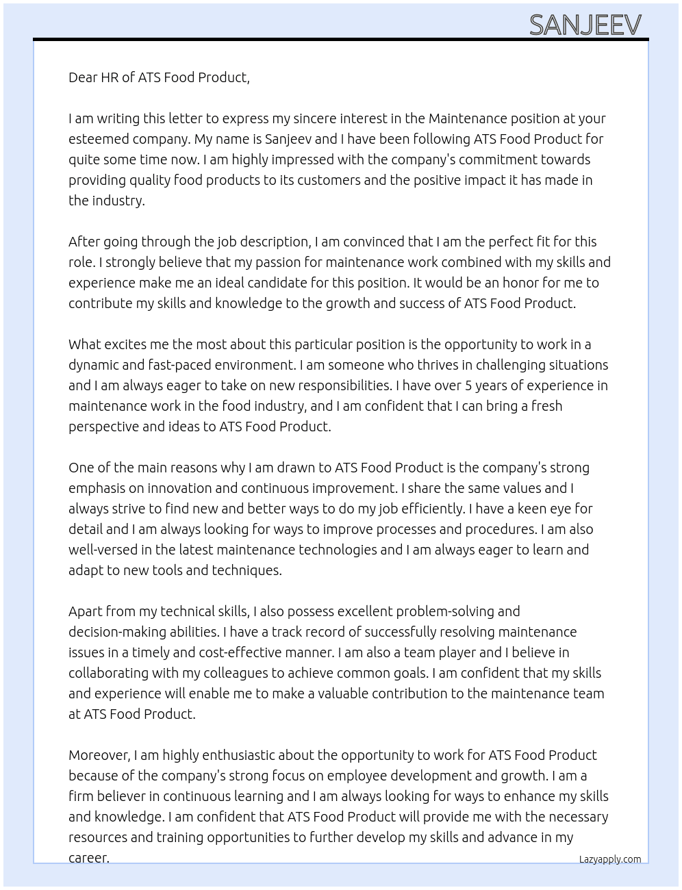 Maintenance  At ATS FOOD PRODUCT Cover Letter