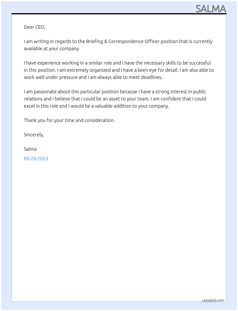  Briefing & Correspondence Officer At home iffice Cover Letter