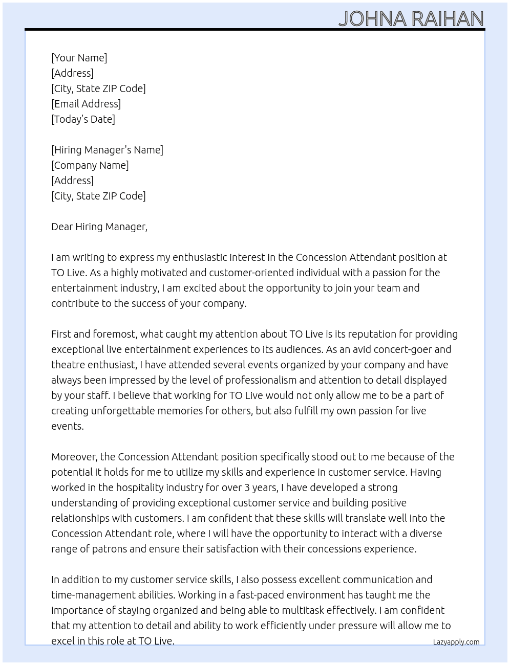Concession Attendant At TO Live Cover Letter