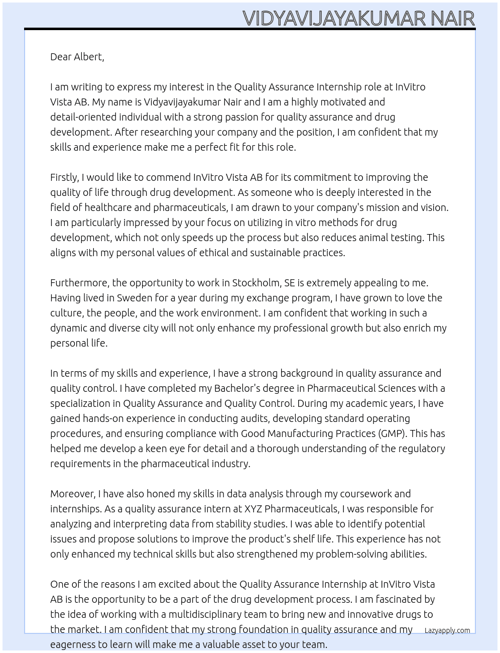 quality assurance At InVitro Vista AB Cover Letter