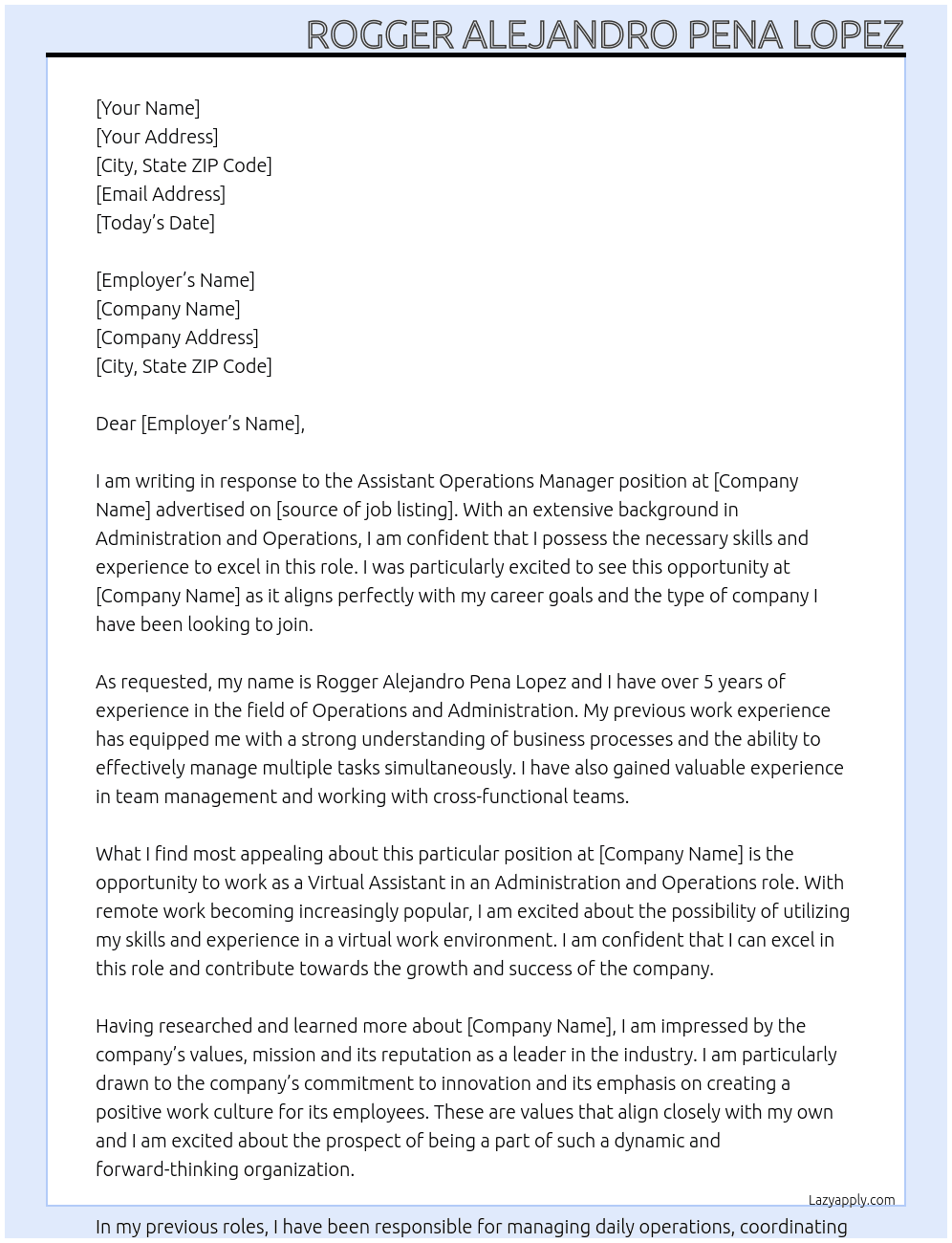 Assistant operations manager At x Cover Letter