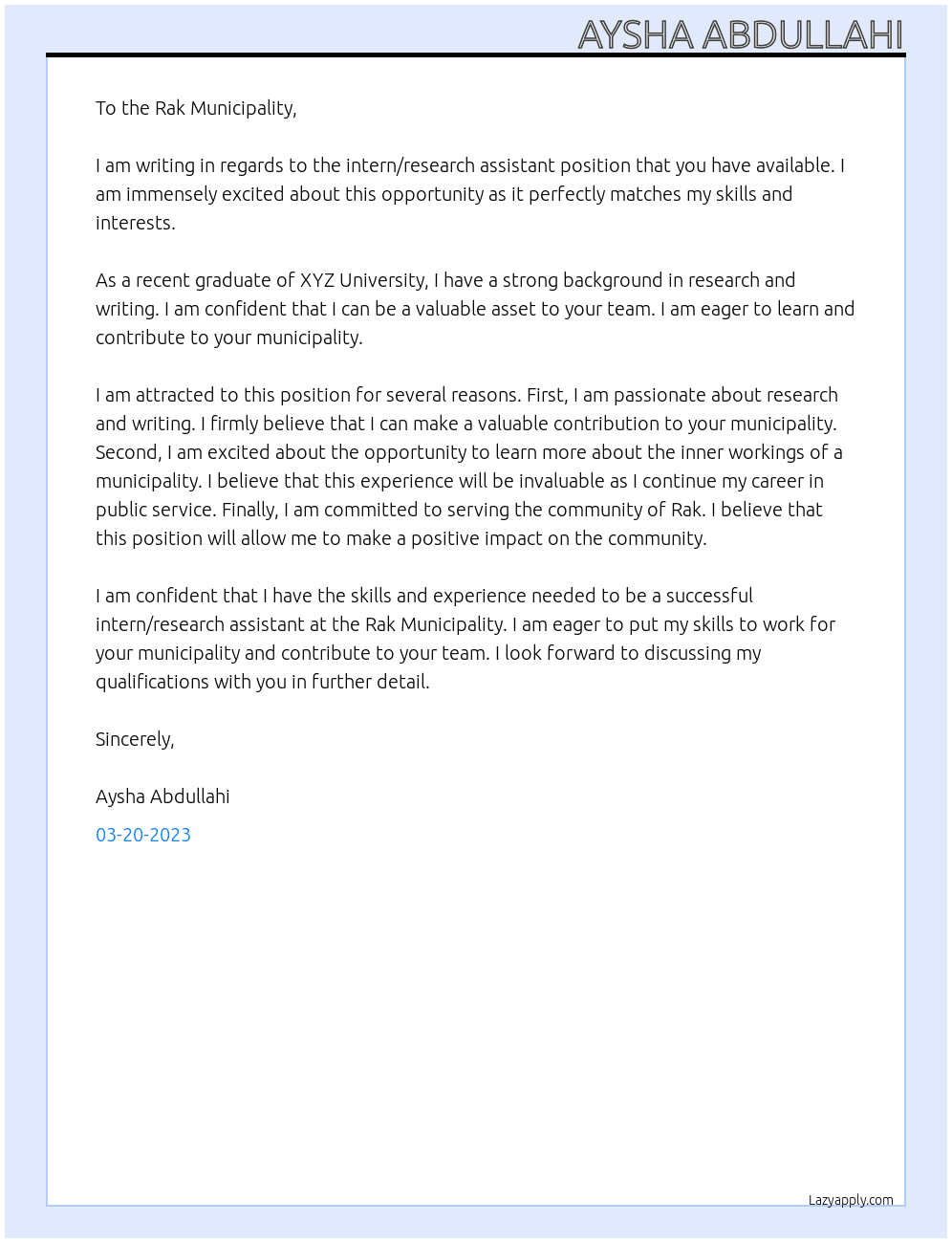 intern/research assistant At Rak Municipality Cover Letter