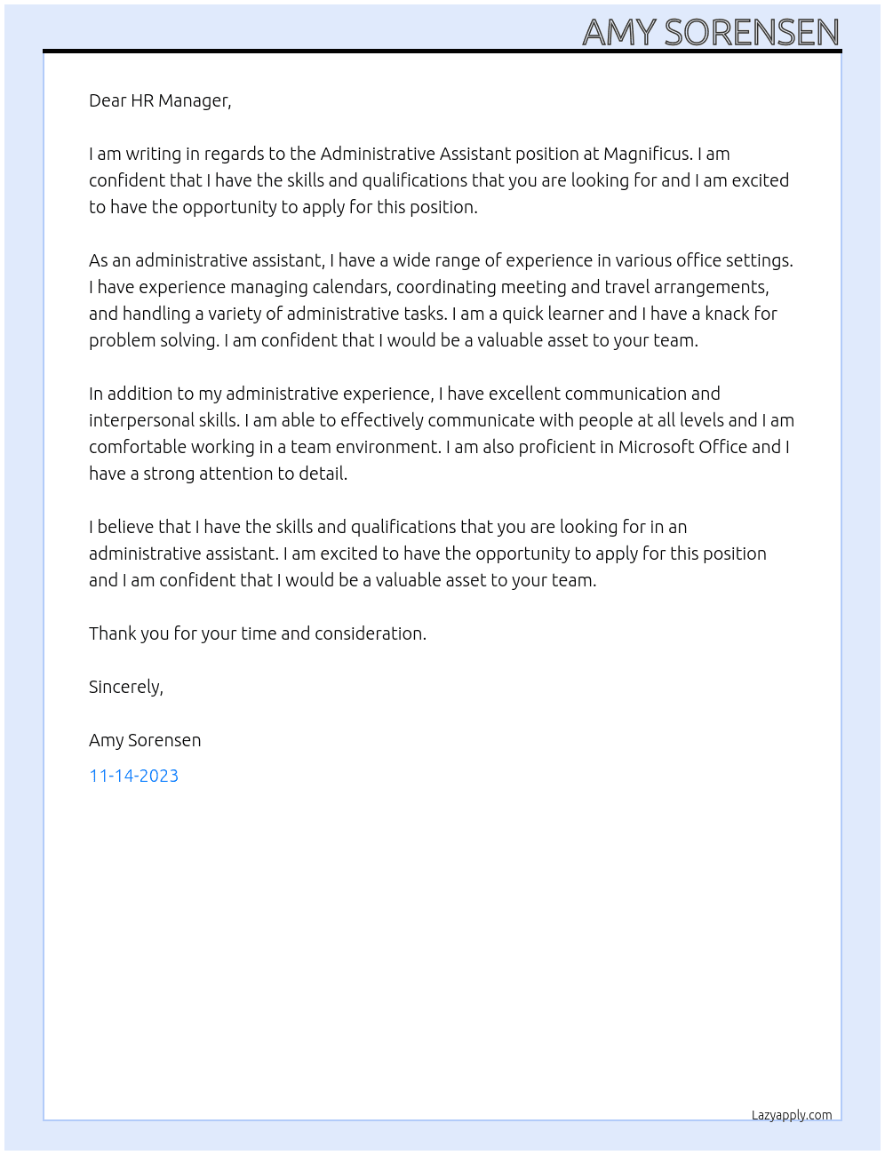 Administrative Assistant At Magnificus Cover Letter