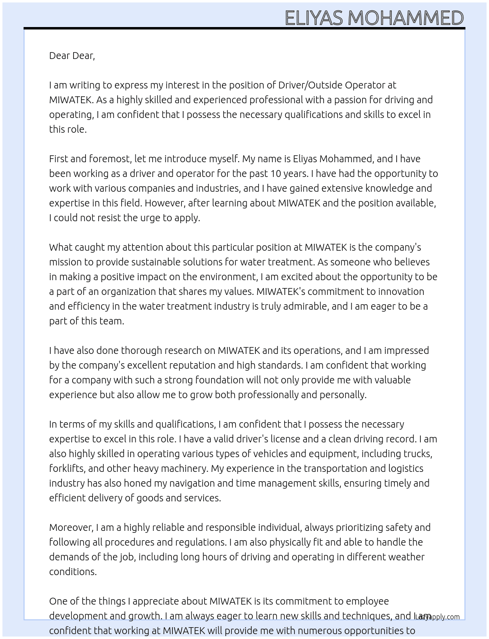 Cover letter for driver/outside operator - LazyApply