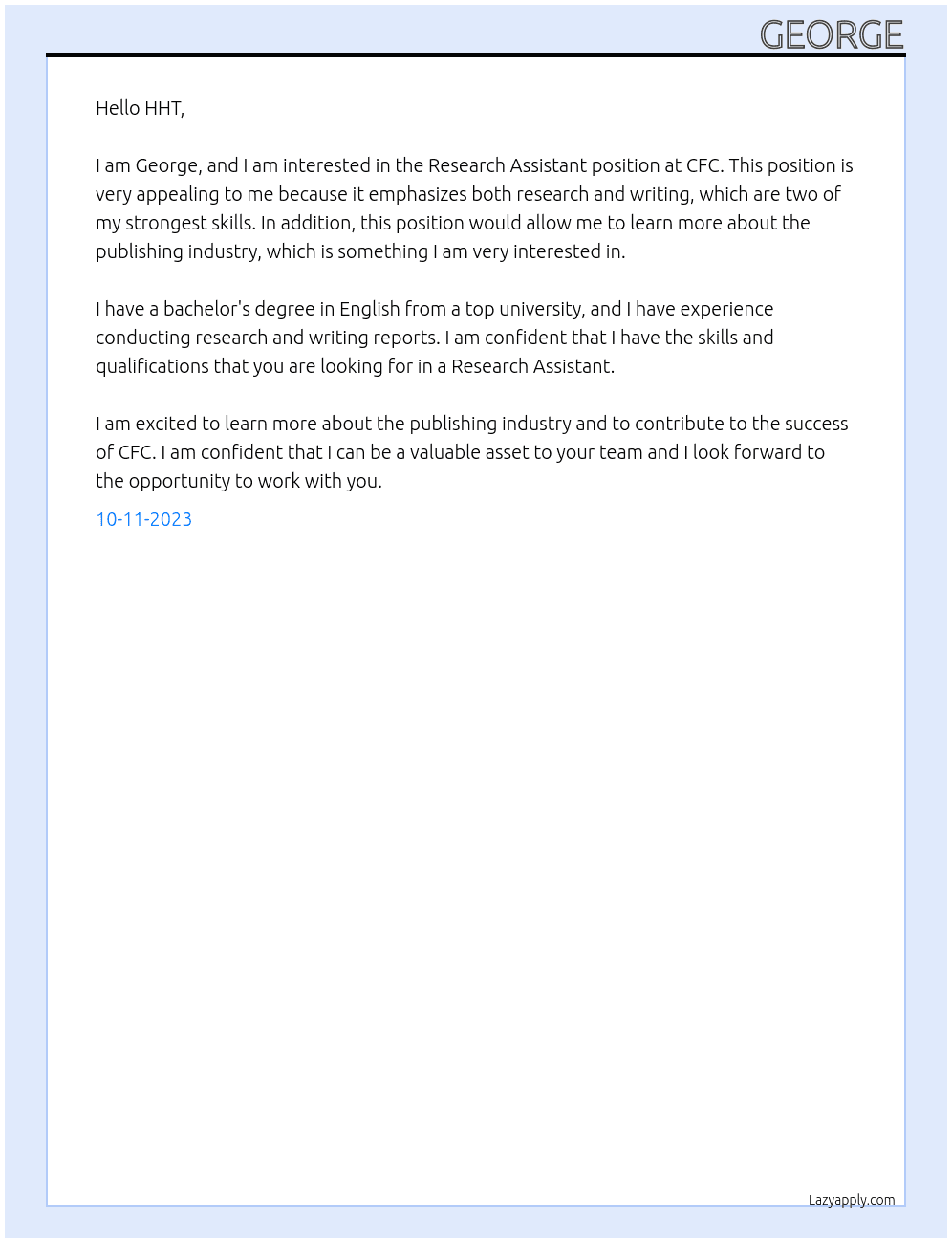 Research Assisitant  At CFC Cover Letter