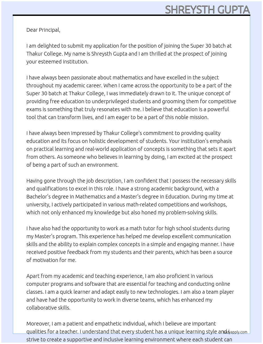 Joining for super 30 batch  At Thakur college  Cover Letter