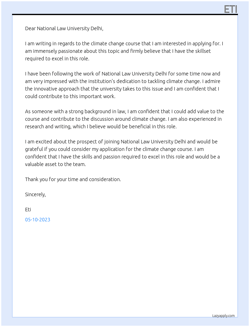 Climate change course applicant At National law university Delhi Cover Letter