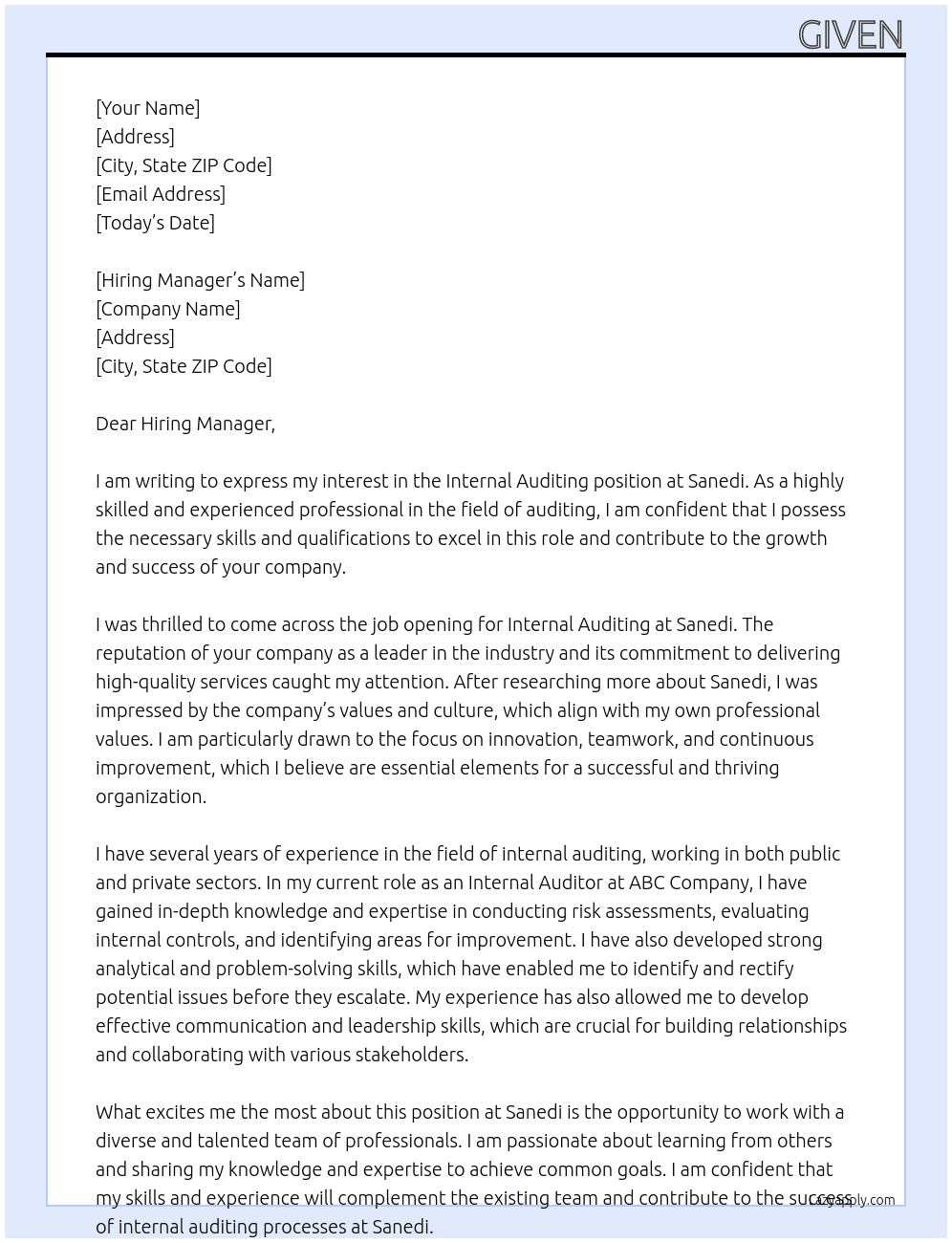 Internal auditing  At Sanedi Cover Letter
