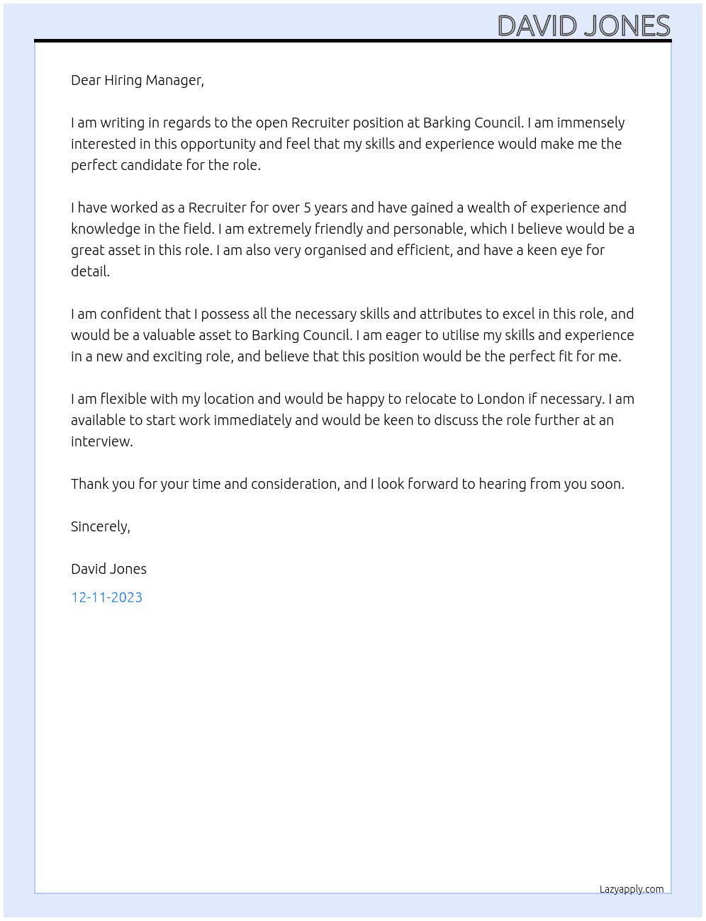 Recruiter At Barking Council Cover Letter