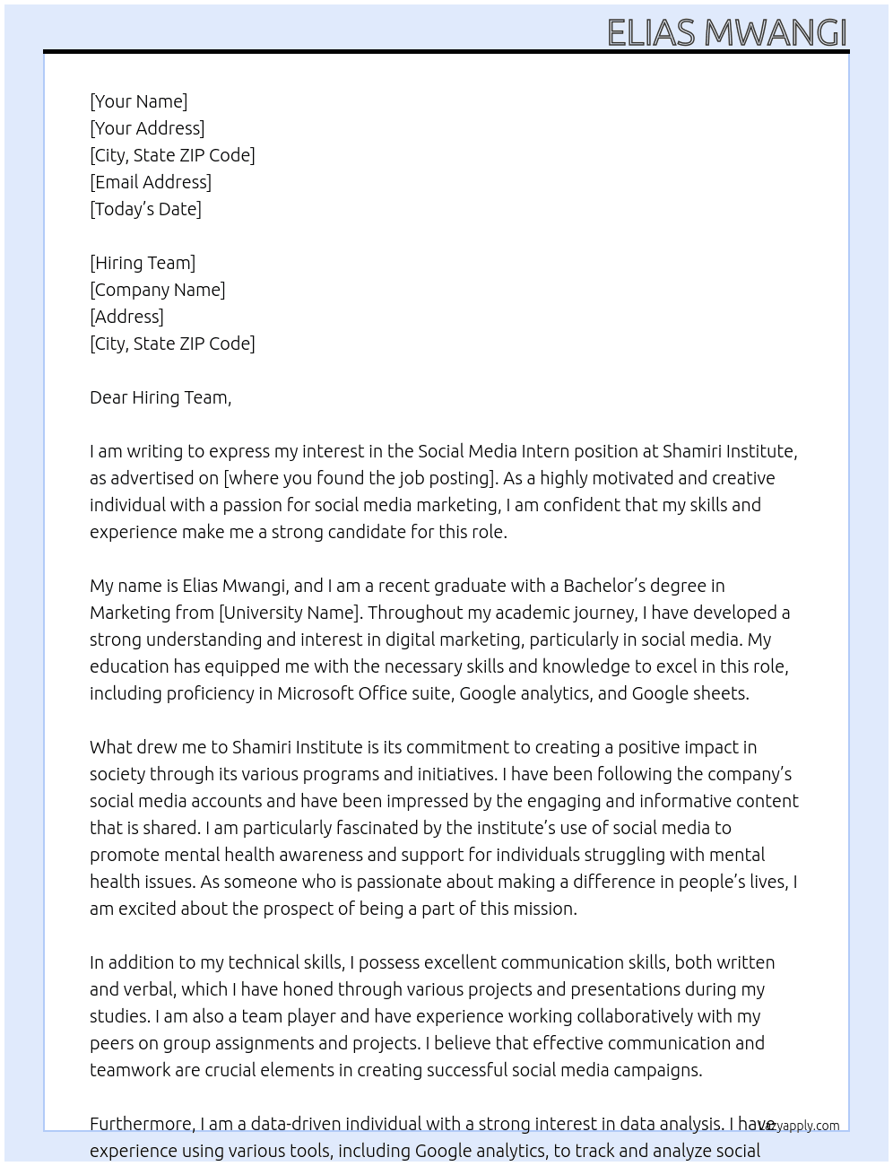 Social Media Intern At Shamiri Institute Cover Letter