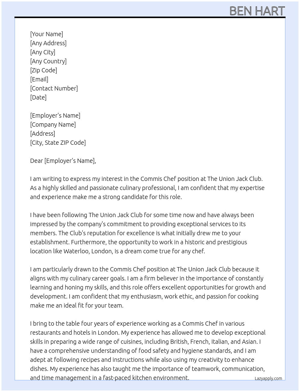 commis chef At union jack club Cover Letter