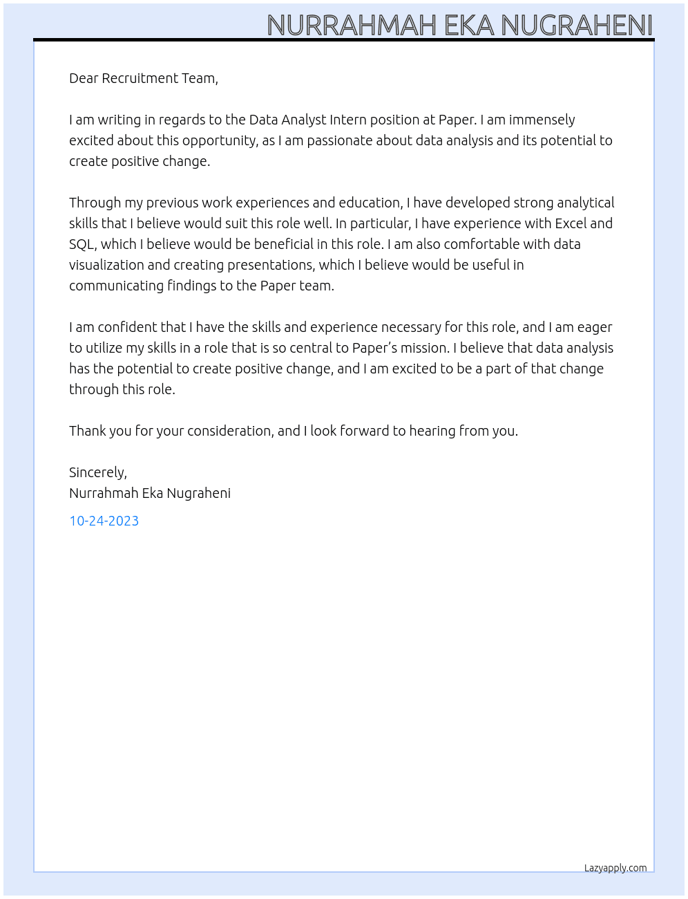 Data Analyst Intern At Paper Cover Letter