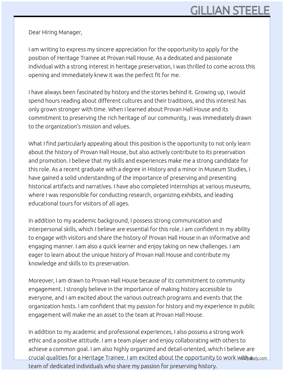 Heritage Trainee  At Provan Hall House  Cover Letter
