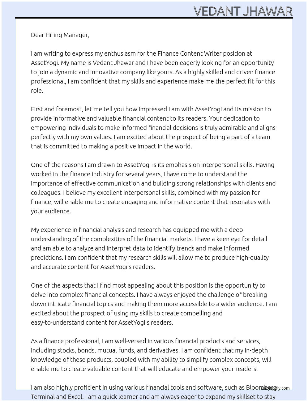 Finance Content Writer At AssetYogi Cover Letter