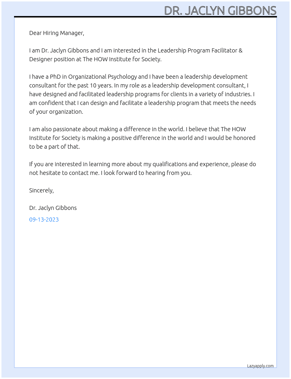 Leadership Program Facilitator & Designer At The HOW Institute for Society Cover Letter