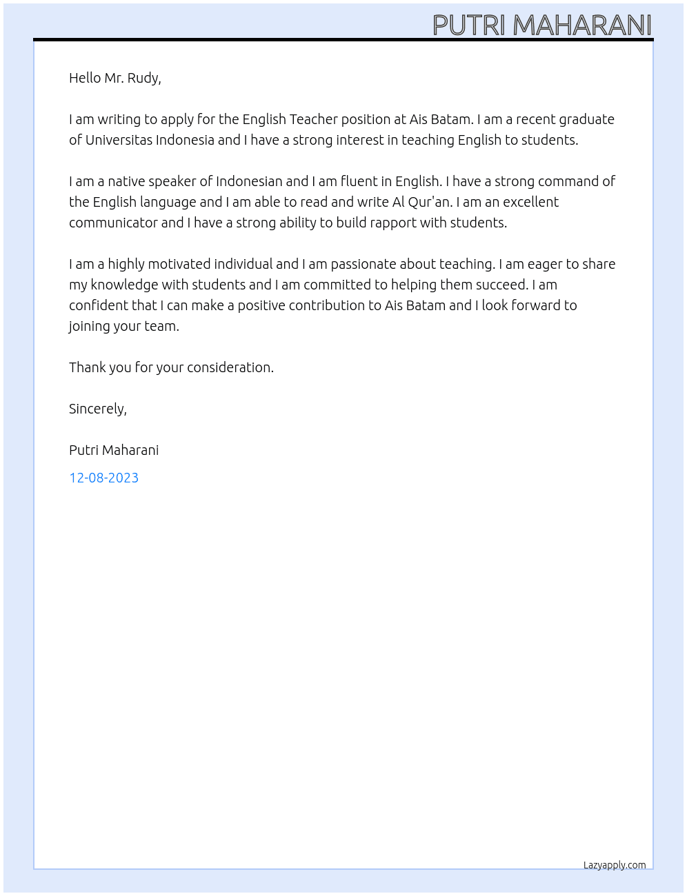 English Teacher At Ais Batam Cover Letter