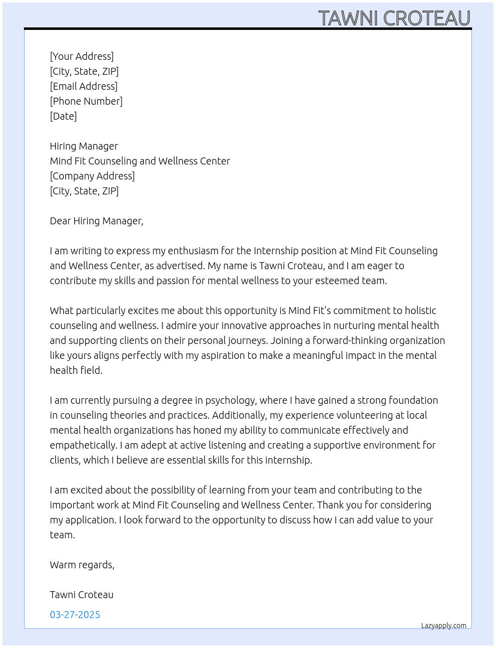 Internship At Mind Fit Counseling and Wellness Center Cover Letter