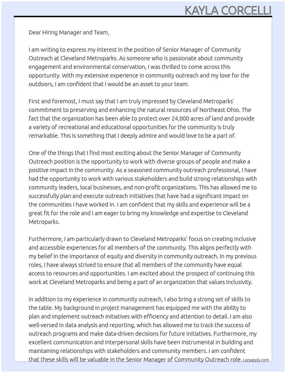 Senior Manager of Community Outreach At Cleveland Metroparks  Cover Letter