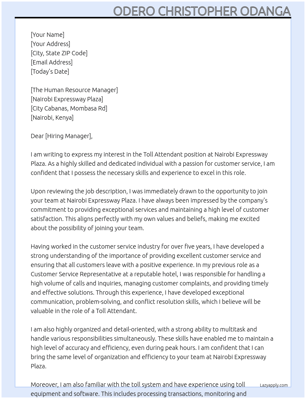 Toll Attendant  At Nairobi Expressway Plaza, City Cabanas Mombasa Rd Cover Letter