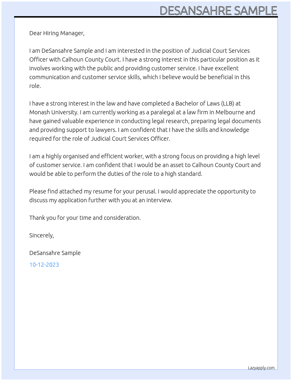 Judicial Court Services Officer At Calhoun County Court Cover Letter