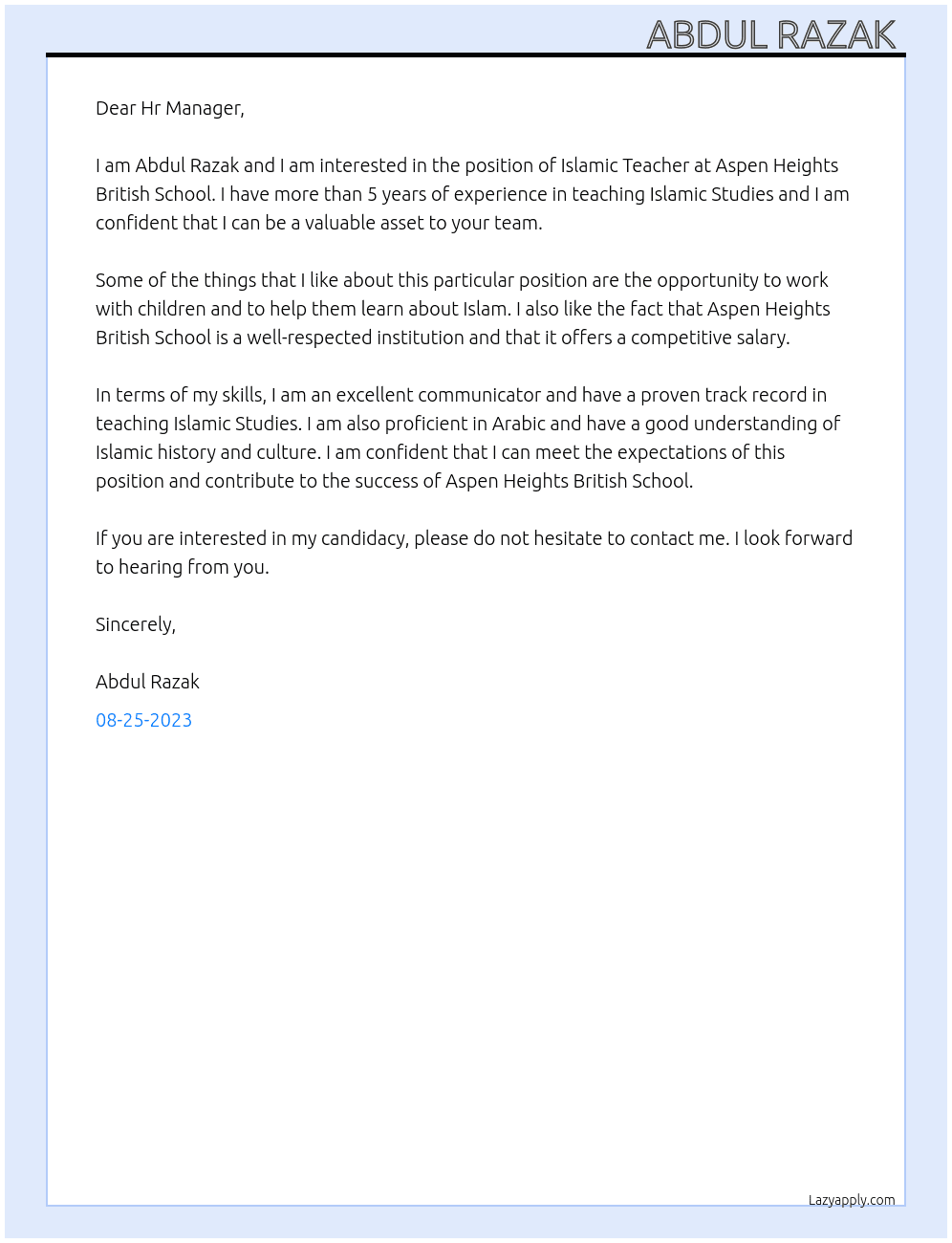 Islamic Teacher At Aspen Heights British School Cover Letter