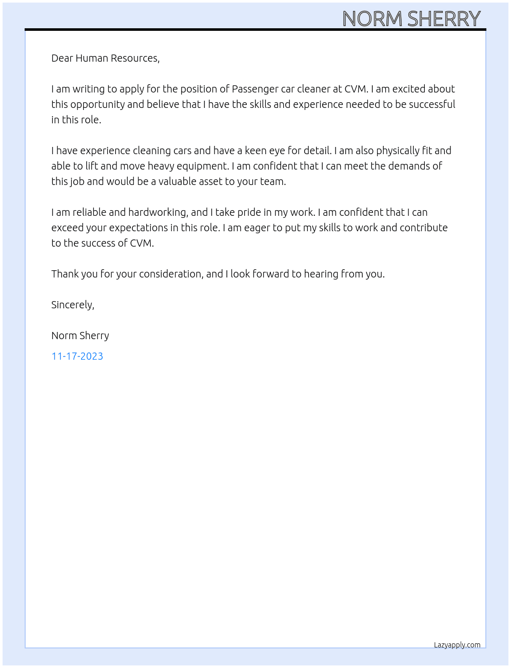 Passenger car cleaner  At CVM Cover Letter