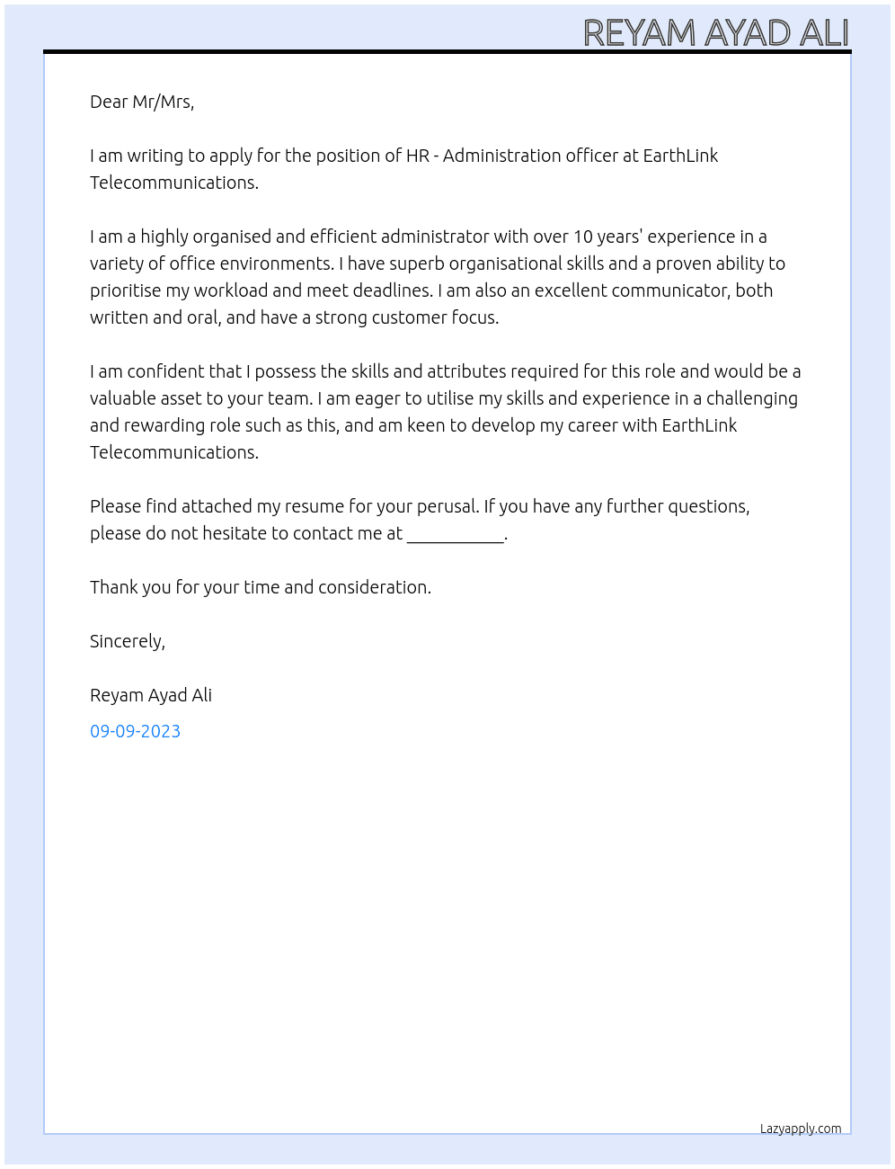 HR - Administration officer At EarthLink Telecommunications Cover Letter