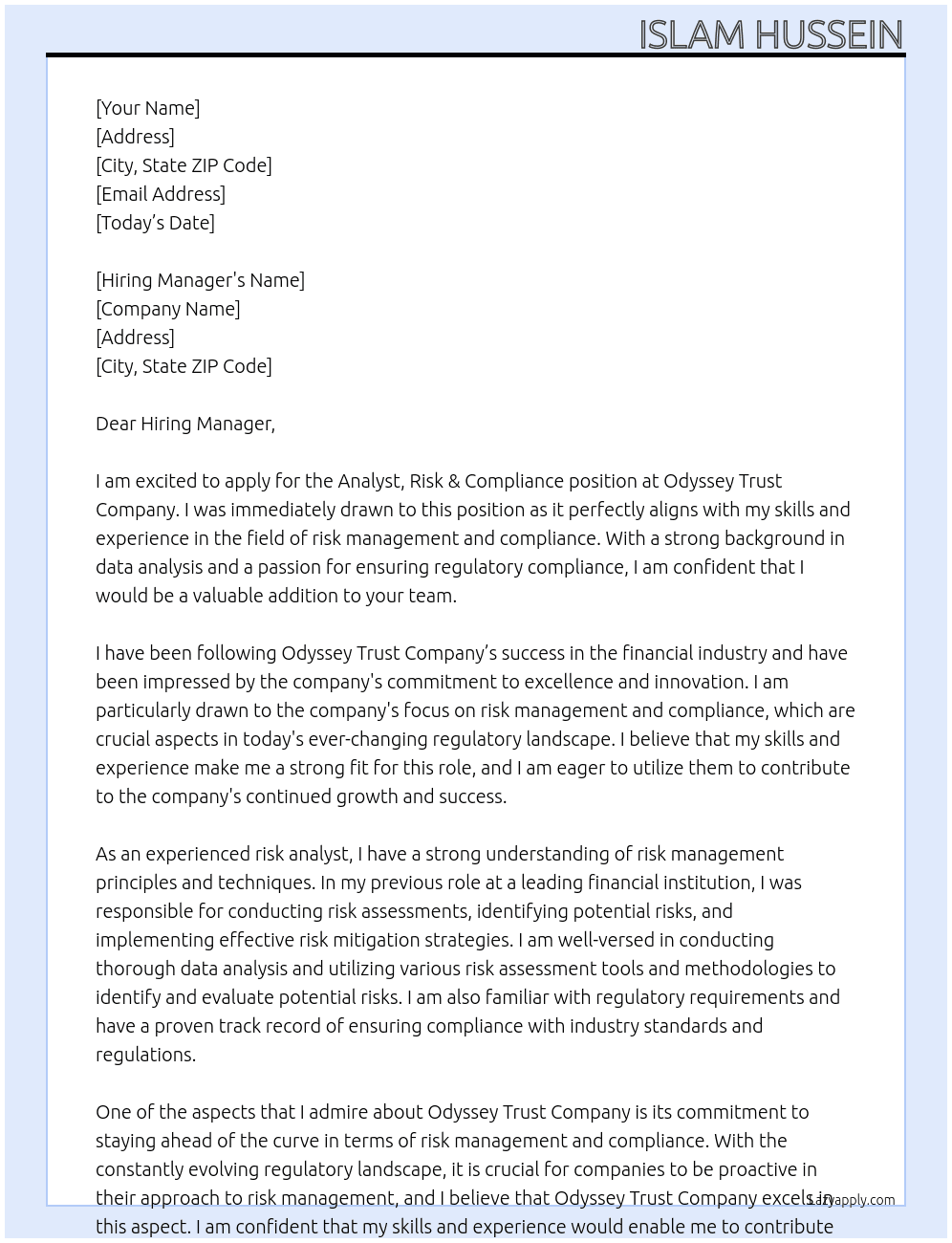 Analyst, Risk & Compliance At Odyssey Trust Company Cover Letter